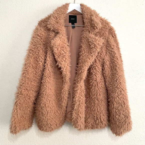 Forever 21 Camel Tan Open Front Collared Faux Fur Teddy Coat - Picture 1 of 8